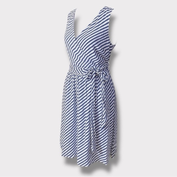 Loft Navy Blue & White Striped Sleeveless V-Neck Dress with Tie Belt- Size 10 - Picture 2 of 8